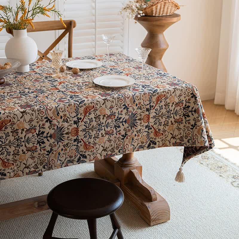 Floral Vintage Bird Tassel Tablecloth | Vintage Cotton and Linen Jacquard Tablecloth, 140*180cm