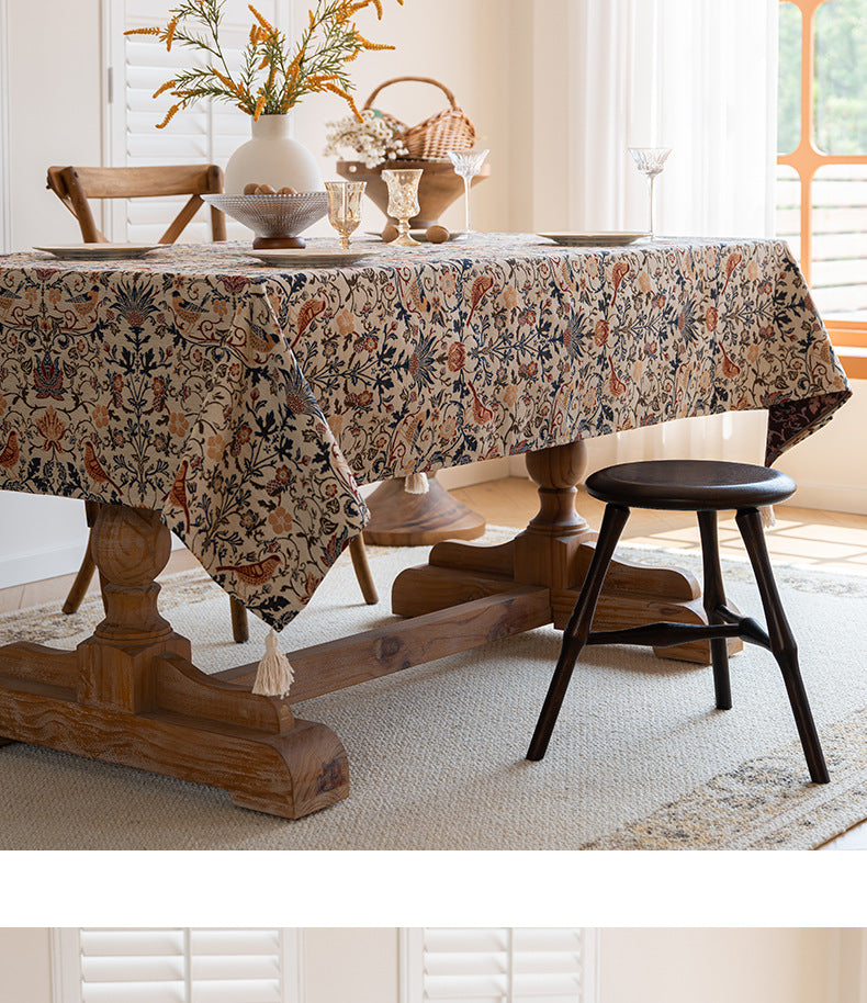 Floral Vintage Bird Tassel Tablecloth | Vintage Cotton and Linen Jacquard Tablecloth, 140*180cm