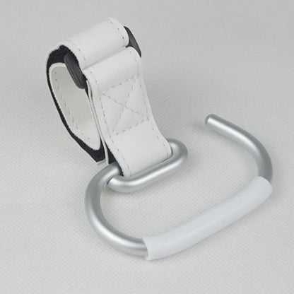 White Stroller Hooks 4-Pack - Leather and Alloy Pram Hooks with Velcro for Mom Bags and Accessories