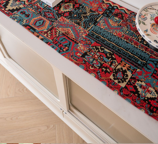 Jacquard Date Red Two Orioles 33-180cm Elegant Geometric Jacquard Table Runner with Tassels - Modern Dining & Coffee Table Decor