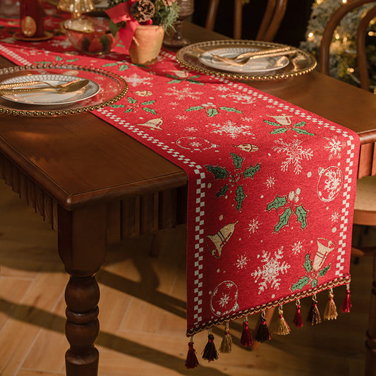 Red Christmas Table Runner with Tassels - Festive Snowflake & Bell Print (35*240cm)