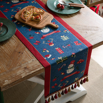 Blue Christmas Festive Table Runner - Blue with Snowman, Reindeer and Happy Holidays (35*240cm)