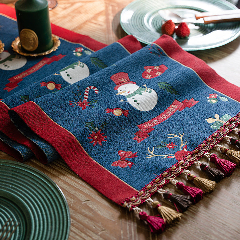 Blue Christmas Festive Table Runner - Blue with Snowman, Reindeer and Happy Holidays (35*240cm)
