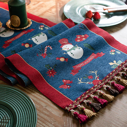 Blue Christmas Festive Table Runner - Blue with Snowman, Reindeer and Happy Holidays (35*200cm)