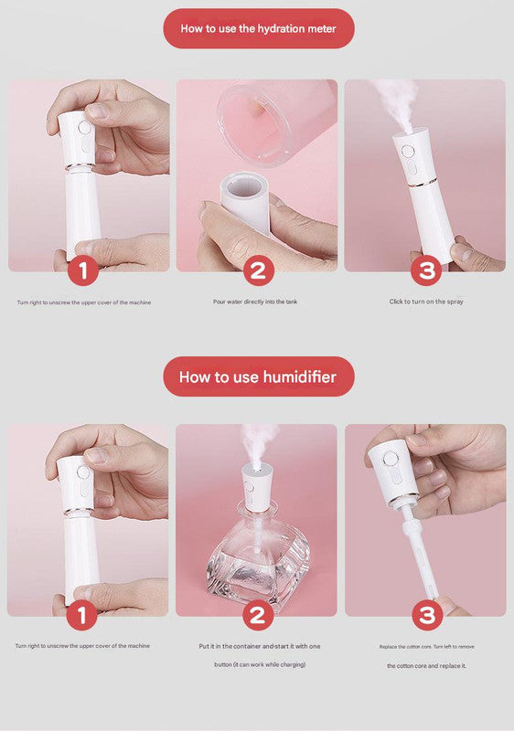 White 2 in 1 Cool Mist Humidifier and Facial Moisturizer - USB Rechargeable Portable Nano Sprayer
