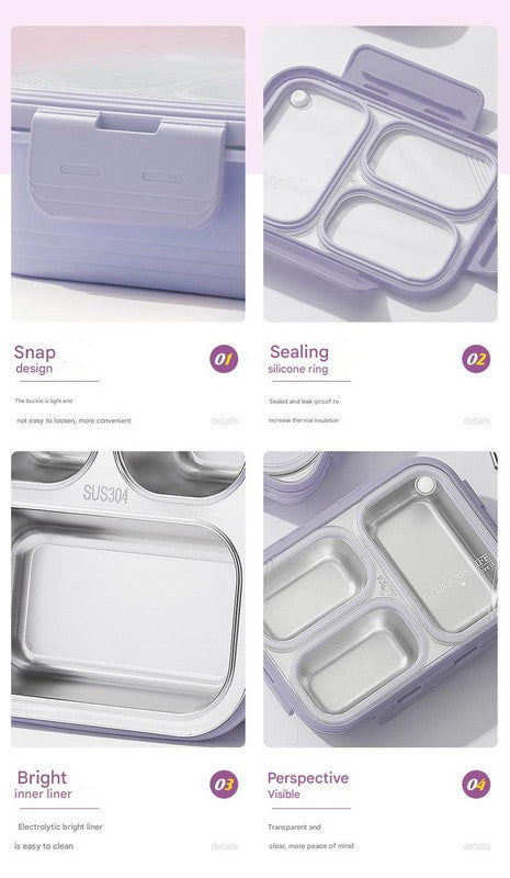 Purple 3-Compartment Stainless Steel Bento Lunch Box - Leak-Proof, for Kids & Adults for School & Office