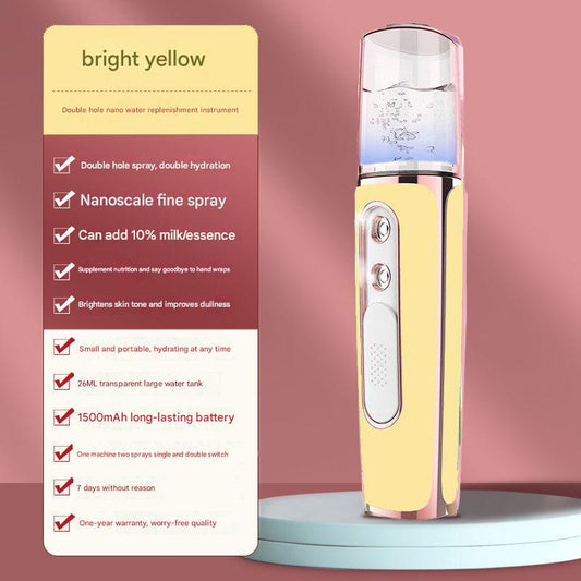 Yellow Dual Nozzle Nano Facial Mister - USB Rechargeable Hydrating Spray