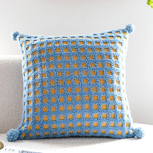 Blue and Yellow 3D Checkered Cushion Cover with Pom Poms - Soft Decorative Pillow Case for Sofa & Living Room (45x45cm, Cover Only)