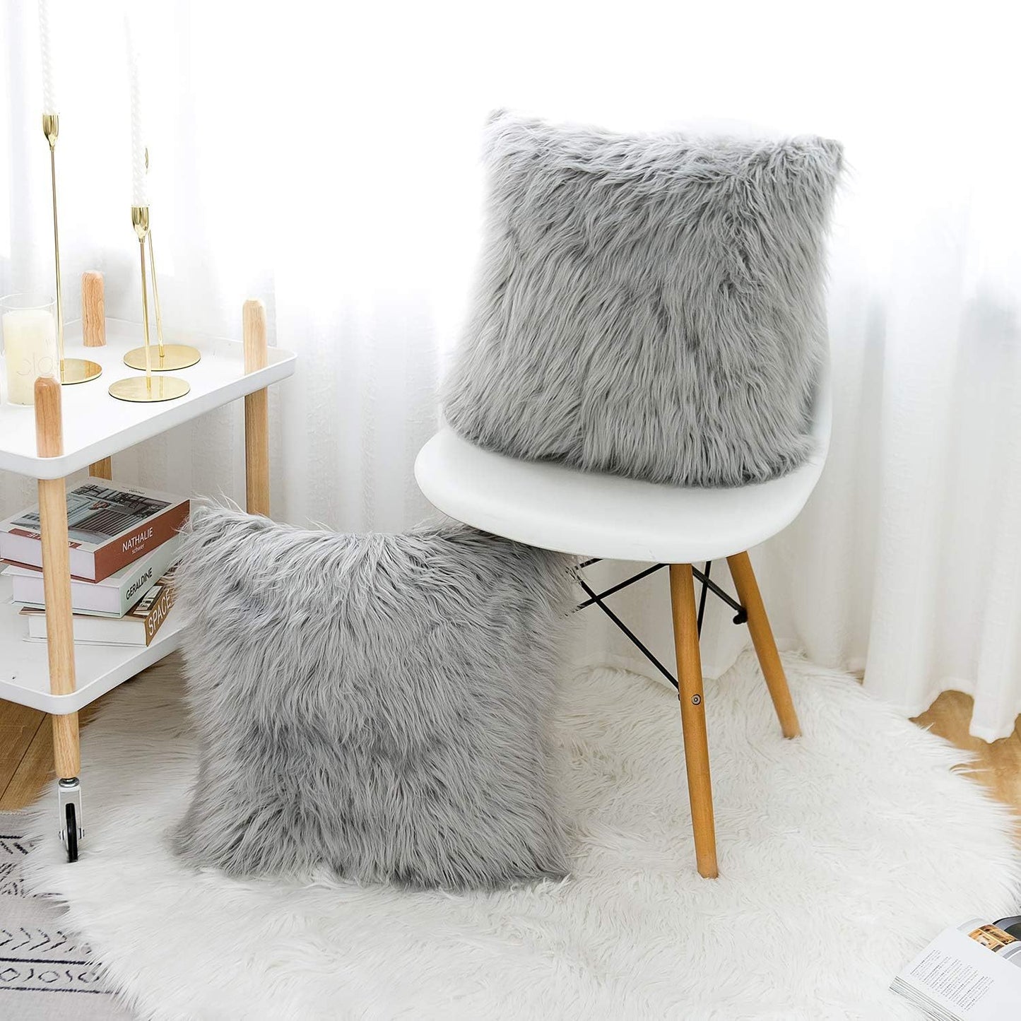 Grey Luxurious Long Faux Fur Cushion Covers - Set of 2, 45x45cm Soft Plush Decorative Pillowcases for Sofa & Bed
