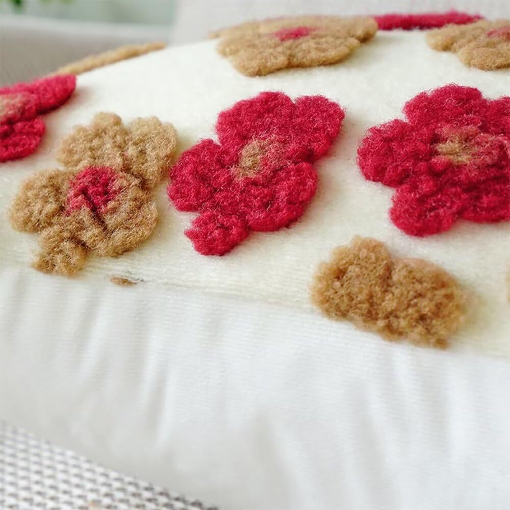 Red and Brown Charming 3D Floral Plush Cushion Covers - Set of 4, 45x45cm Soft Faux Lambswool Pillowcases for Sofa & Bed Decor