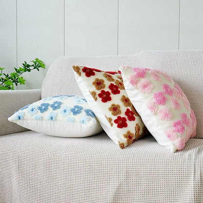 Pink Charming 3D Floral Plush Cushion Covers - Set of 4, 45x45cm Soft Faux Lambswool Pillowcases for Sofa & Bed Decor