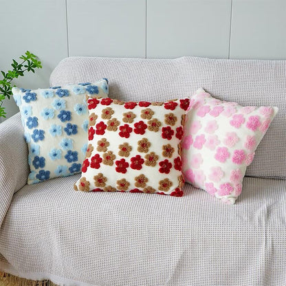 Blue Charming 3D Floral Plush Cushion Covers - Set of 4, 45x45cm Soft Faux Lambswool Pillowcases for Sofa & Bed Decor