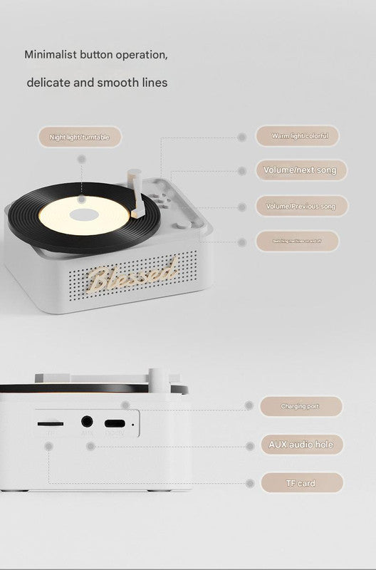 Retro Vinyl Bluetooth Speaker with Ambient Night Light - TF Card & AUX Support(Gray)