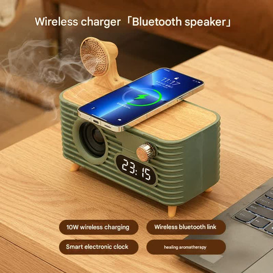 Retro Bluetooth Speaker with 10W Wireless Charger, Digital Clock & Aroma Diffuser Function(green)