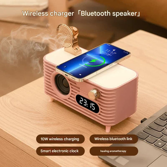 Retro Bluetooth Speaker with 10W Wireless Charger, Digital Clock & Aroma Diffuser Function(Pink)