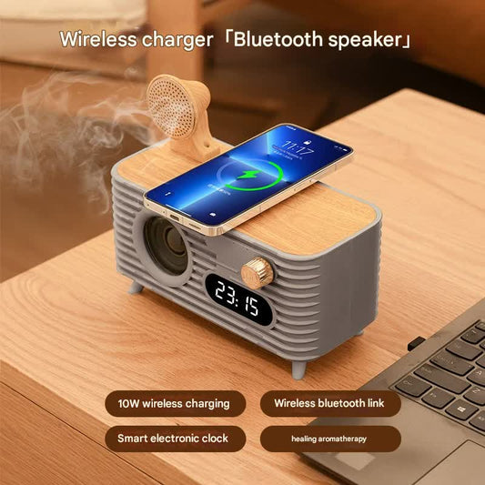 Retro Bluetooth Speaker with 10W Wireless Charger, Digital Clock & Aroma Diffuser Function(Gray)