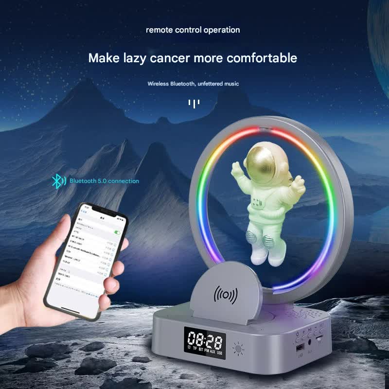Astronaut Levitating Bluetooth Speaker Lamp - Wireless Charging, RGB Light, Clock, FM Radio & Multi-Input(Pink silver)