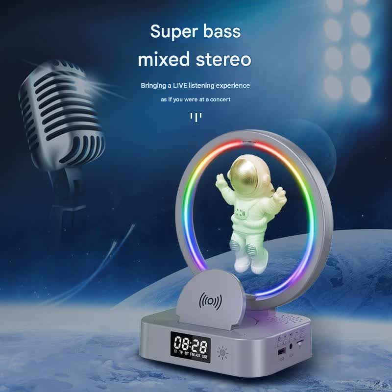 Astronaut Levitating Bluetooth Speaker Lamp - Wireless Charging, RGB Light, Clock, FM Radio & Multi-Input(Pink silver)