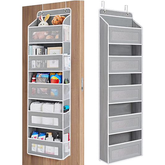 Grey Heavy Duty 5-Tier Over-The-Door Hanging Organizer - Space-Saving Storage with Clear Windows & Mesh Pockets