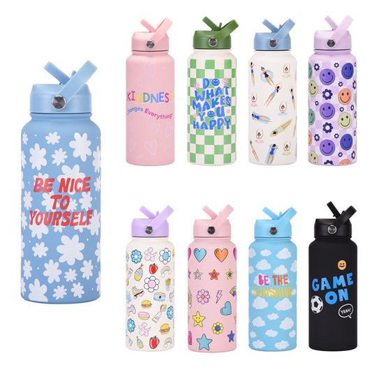 Style 19A Blue and White Plaid Vibrant Fun Print 1L Stainless Steel Insulated Water Bottle - 32oz Large Capacity with Straw Lid & Carry Handle - BPA-Free