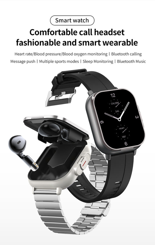 Black Steel Belt 2-in-1 Smartwatch with Built-in Earbuds - 2.01 HD Touchscreen
