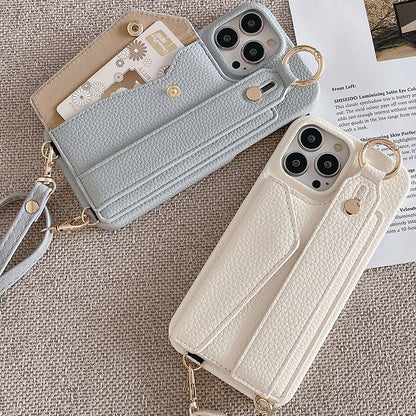 Beige Chic PU Leather Crossbody Wallet Case for iPhone 16 Pro Max - Card Holder with Detachable Strap & Finger Ring Grip