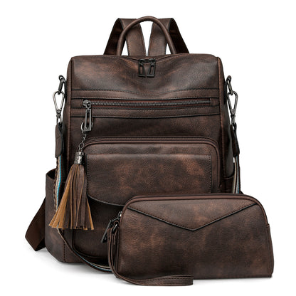 Dark-brown Women's Retro PU Leather Backpack - Dual-Color Tassel Design, Winter High-End Style