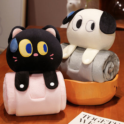 Plush 2-in-1 Pillow Blanket - Adorable Design for Cozy Comfort(Black and white dog)