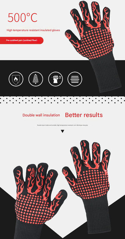 Red Flame Pattern Extreme Heat Resistant BBQ Gloves - 500°C Flame Design Oven Gloves with Non-Slip Silicone Grip
