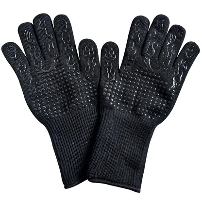 Black Flame Pattern Extreme Heat Resistant BBQ Gloves - 500°C Flame Design Oven Gloves with Non-Slip Silicone Grip