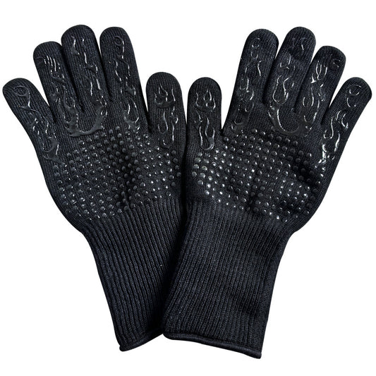 Black Flame Pattern Extreme Heat Resistant BBQ Gloves - 500°C Flame Design Oven Gloves with Non-Slip Silicone Grip