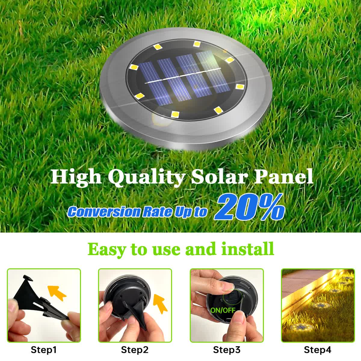 4-Pack New Solar LED In-Ground Yellow Lights (Single 8.3x8.3x10 cm) - Stainless Steel & ABS Waterproof Outdoor Garden Pathway and Landscape Spike Lamp