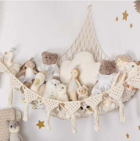 White Triangle Woven Plush Toy Corner Organizer (105x105x145cm)  with octagonal beads and installation kit - Hand-woven cotton mesh toy storage hammock