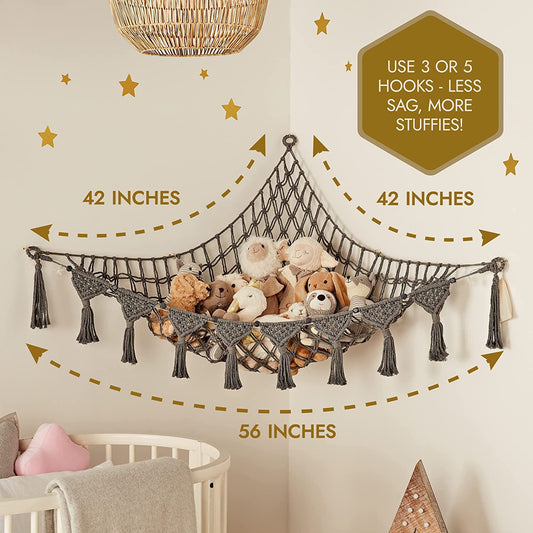 Grey Triangle Woven Plush Toy Corner Organizer (105x105x145cm)  with octagonal beads and installation kit - Hand-woven cotton mesh toy storage hammock