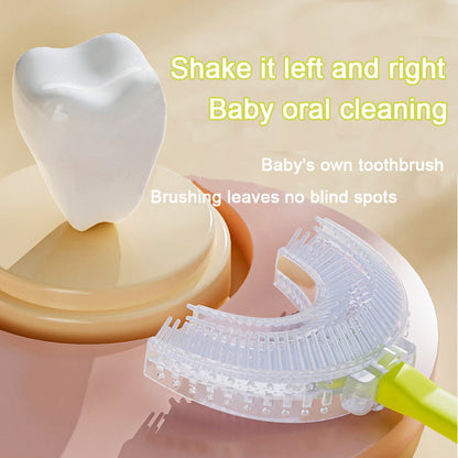 Green frog U-Shaped Kids Toothbrush - Food Grade Silicone Manual Toothbrush for 2-12 Year Olds - 360 degree Full Mouth Cleaning Baby Oral Care - Comes with Wall Mount Holder