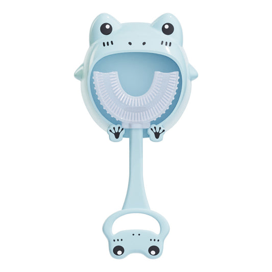 Blue frog U-Shaped Kids Toothbrush - Food Grade Silicone Manual Toothbrush for 2-12 Year Olds - 360 degree Full Mouth Cleaning Baby Oral Care - Comes with Wall Mount Holder