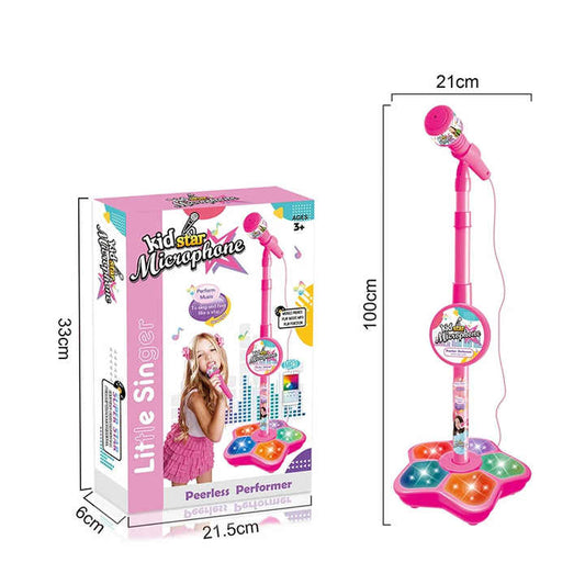 Pink Kids Star Karaoke Microphone Stand Adjustable Height Music Toy with Flashing Lights and MP3 Connectivity for Boys and Girls