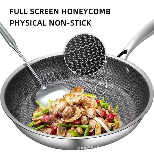 Stainless Steel Non-Stick Frying Pan 28CM Honeycomb Wok Skillet with Lid Induction Compatible Cookware Silver