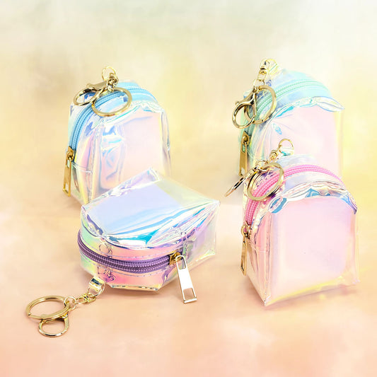 4 PCS Holographic Mini Backpack Coin Purses - Iridescent TPU Keyring Pouch - Small Waterproof Storage for Earbuds, Keys & Lipstick - Cute Bag Charm Accessory