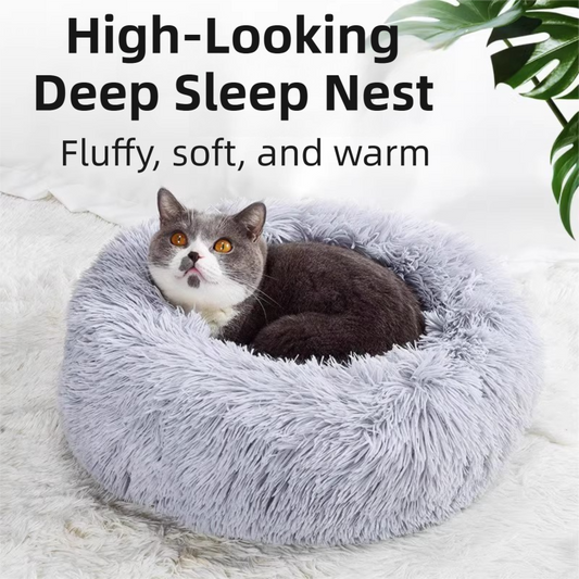 Pink Cozy Donut Long Plush Cat & Dog Calming Bed(Diameter 50cm) - Double-Layer PP Cotton Filling Warming Pet Bed with Anti-Slip Base & Free Blanket