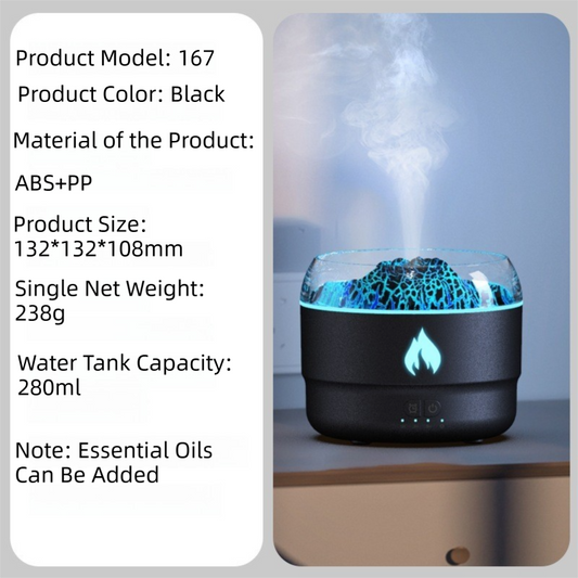 167 Black Simulation Volcano Diffuser & Humidifier - Smart Timer Ultrasonic Mister with Volcano Lava Crack Shell and Colorful Light