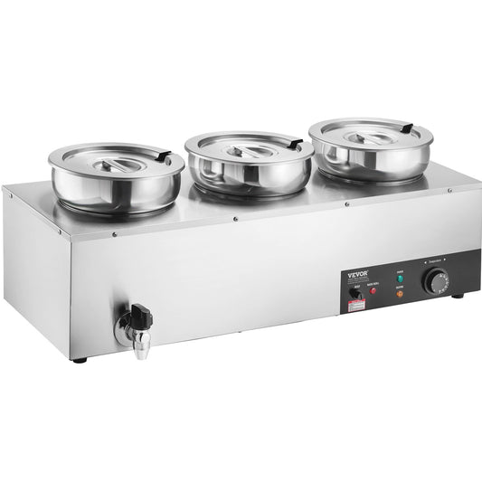 VEVOR Electric Soup Warmer, Three 7.4QT Stainless Steel Round Pot, 1200W Commercial Food Warmer, 30 - 85℃ Adjustable Temp, Bain Marie with Anti-Dry Burn and Reset Button, for Restaurant, Buffet