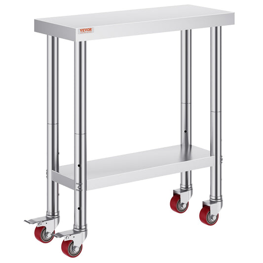 VEVOR 30x12x34 Inch Stainless Steel Work Table 3-Stage Adjustable Shelf with 4 Wheels Heavy Duty Commercial Food Prep Worktable with Brake for Kitchen Prep Work