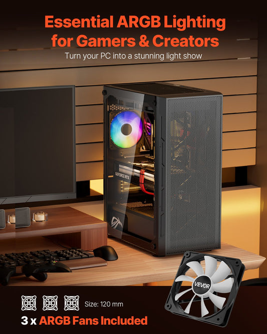VEVOR Mid-Tower ATX PC Gaming Case Computer Case Box with 3 x 120 mm ARGB Fans