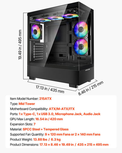 VEVOR Mid-Tower ATX PC Gaming Case Computer Case with 6 x 120 mm PWM ARGB Fans