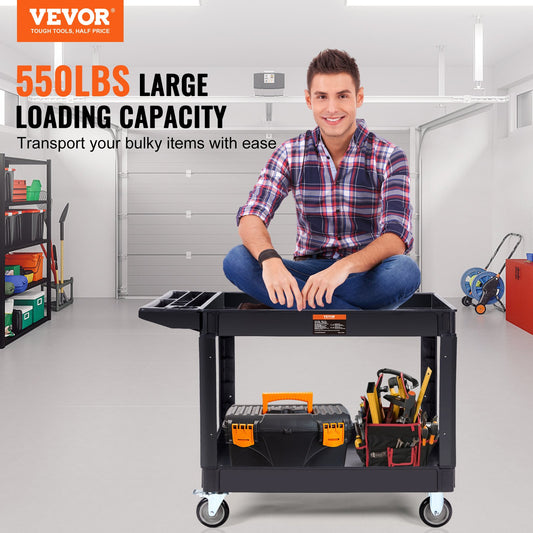 VEVOR Utility Service Cart, 2 Shelf 550LBS Heavy Duty Plastic Rolling Utility Cart with 360° Swivel Wheels (2 with Brakes), Large Lipped Shelf, Ergonomic Storage Handle for Warehouse/Garage/Cleaning