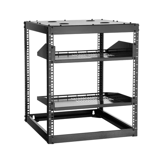 VEVOR 12U Open Frame Network Rack, 585 mm Depth, Wall Mounted or Floor Standing Server Rack, Heavy Duty 4 Post, with Vented Shelves & Mounting Hardware, Holds All Your Networking IT Equipment AV Gear