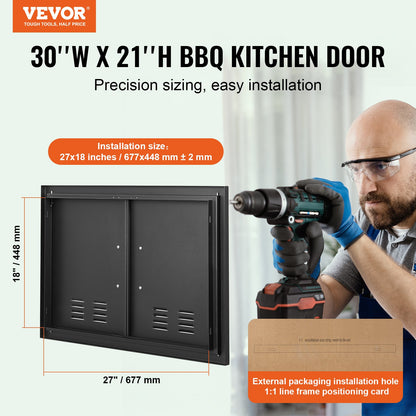 VEVOR BBQ Access Door,762 x533 mm Double Outdoor Kitchen Door, Cold Plate Flush Mount Door, Wall Vertical Door with Handles and Ventss, for BBQ Island, Grilling Station, Outside Cabinet