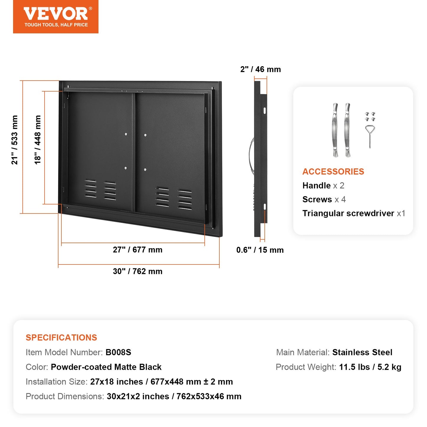 VEVOR BBQ Access Door,762 x533 mm Double Outdoor Kitchen Door, Cold Plate Flush Mount Door, Wall Vertical Door with Handles and Ventss, for BBQ Island, Grilling Station, Outside Cabinet