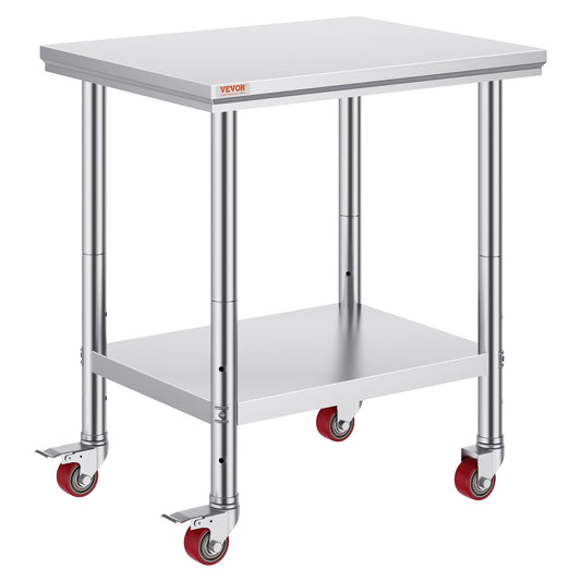 VEVOR Stainless Steel Work Table with Wheels 24 x 30 Prep Table with casters Heavy Duty Work Table for Commercial Kitchen Restaurant Business (24 x 30 x 33.8 Inch)